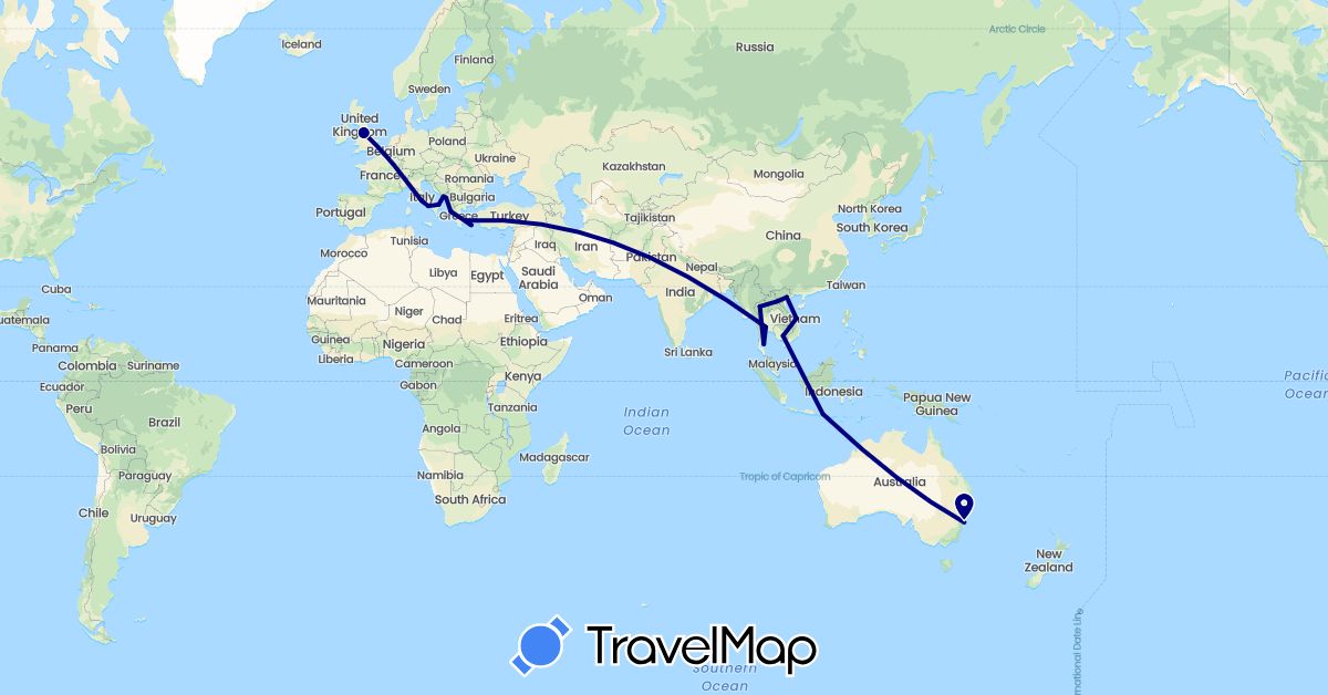 TravelMap itinerary: driving in Albania, Australia, United Kingdom, Greece, Croatia, Indonesia, Italy, Cambodia, Laos, Montenegro, Thailand, Vietnam (Asia, Europe, Oceania)